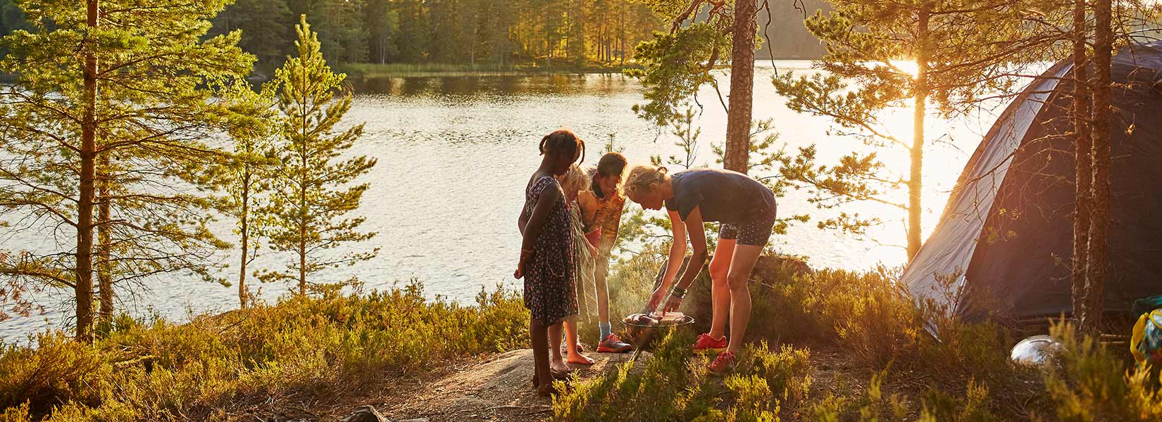 Familj som umgås tillsammans i skogen
